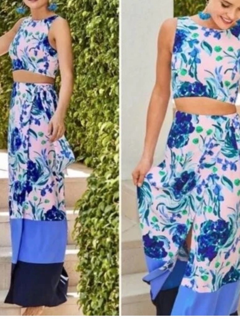 Lilly Pulitzer Pink Floral Maxi Dress with Blue Colorblock Hem